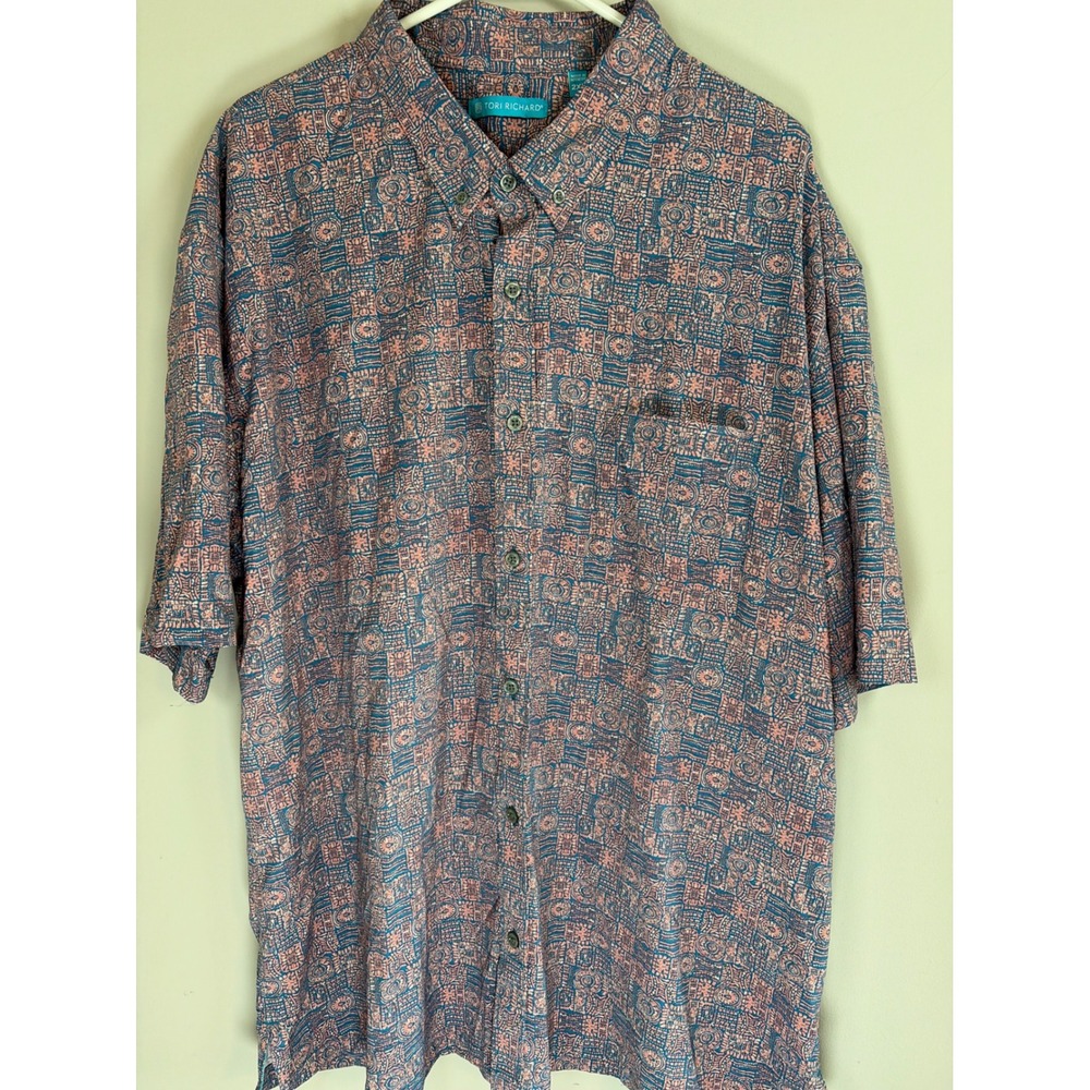 Tori Richard Mens 2XL Blue Coral Geometric Tribal Print Nylon Spandex Shirt